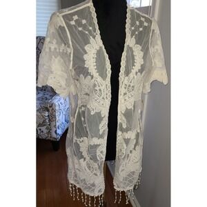 Xhilaration Ivory Floral Lace Boho Open Duster Fringe Sheer Festival XL